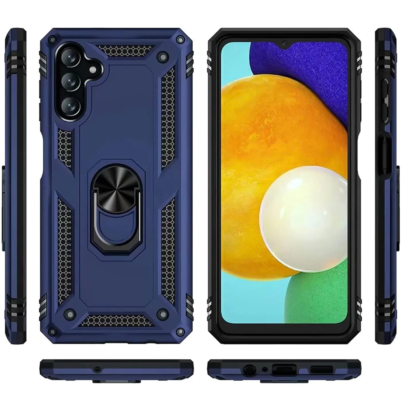 Dunkelblaue Hülle mit Ringhalter, verschiedene Ansichten, Samsung Galaxy A13 5G / A04s.