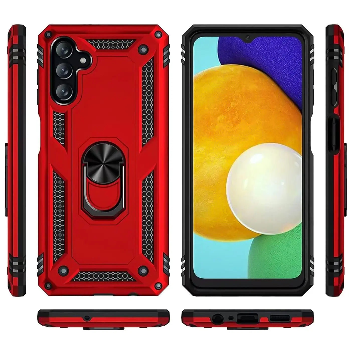 Rote Military-Hülle mit Ringhalter für Samsung Galaxy A13 5G / A04s, verschiedene Ansichten.