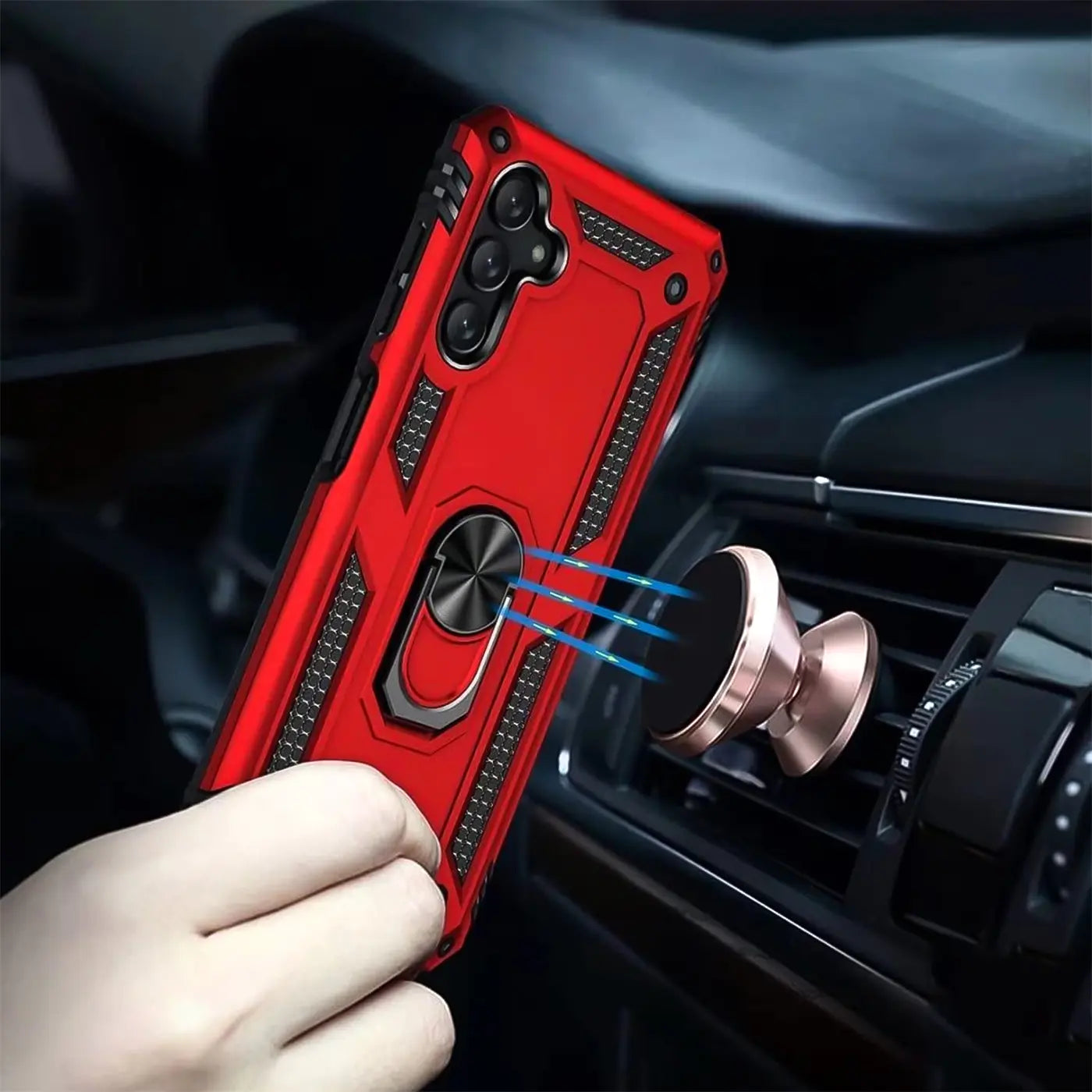 Rote Hülle mit Ringhalter für Samsung Galaxy A13 5G/A04s, Nahaufnahme, Auto-Lüftungsschlitz-Halterung