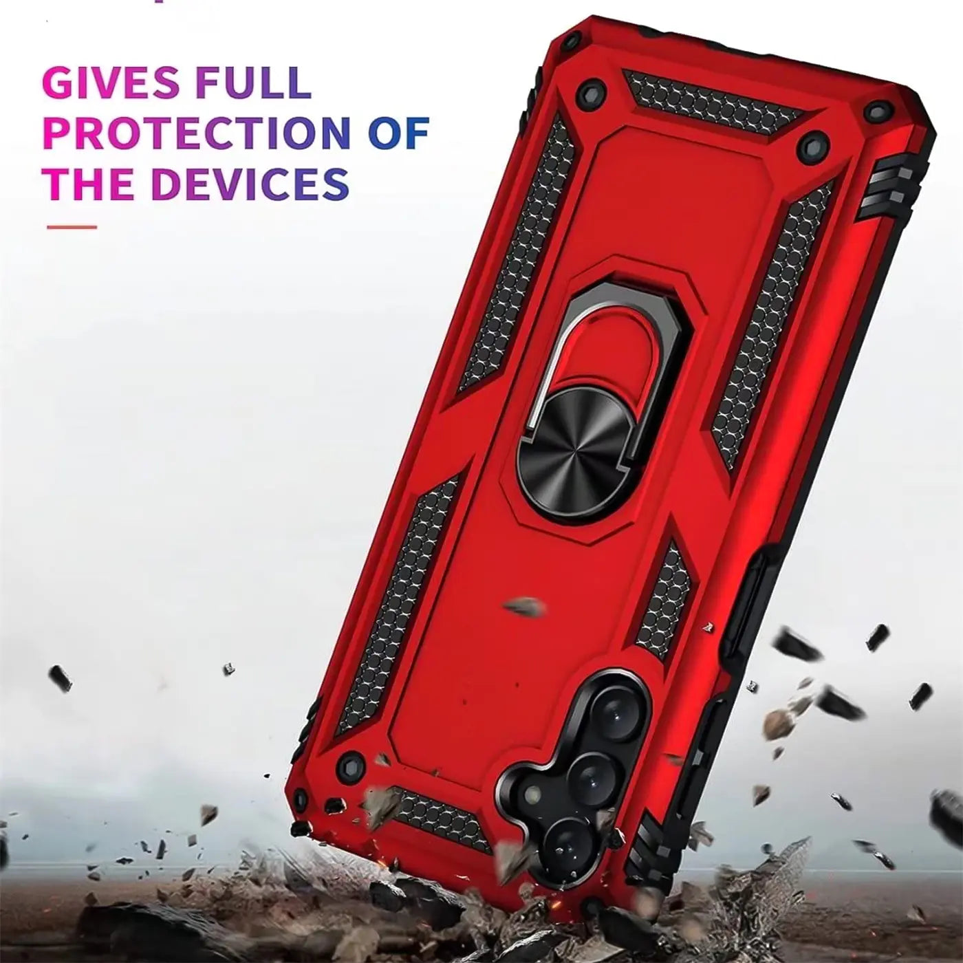 Rote Military-Hülle mit Ringhalter, Rückansicht, Samsung Galaxy A13 5G / A04s.