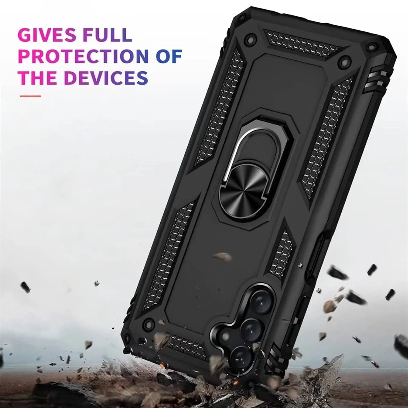 Schwarze Militär-Hülle mit Ringhalter, aus Kunststoff, von schräg oben, für Samsung Galaxy A13 5G / A04s.