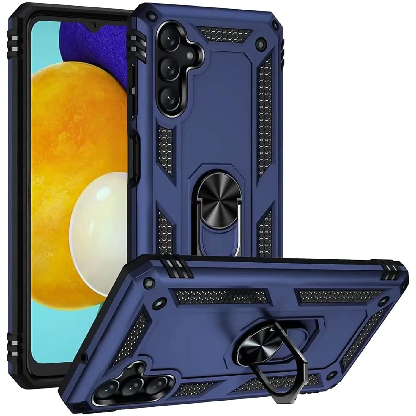 Dunkelblaue Hülle aus Kunststoff mit Ringhalter für Samsung Galaxy A14 5G, Seitenansicht.