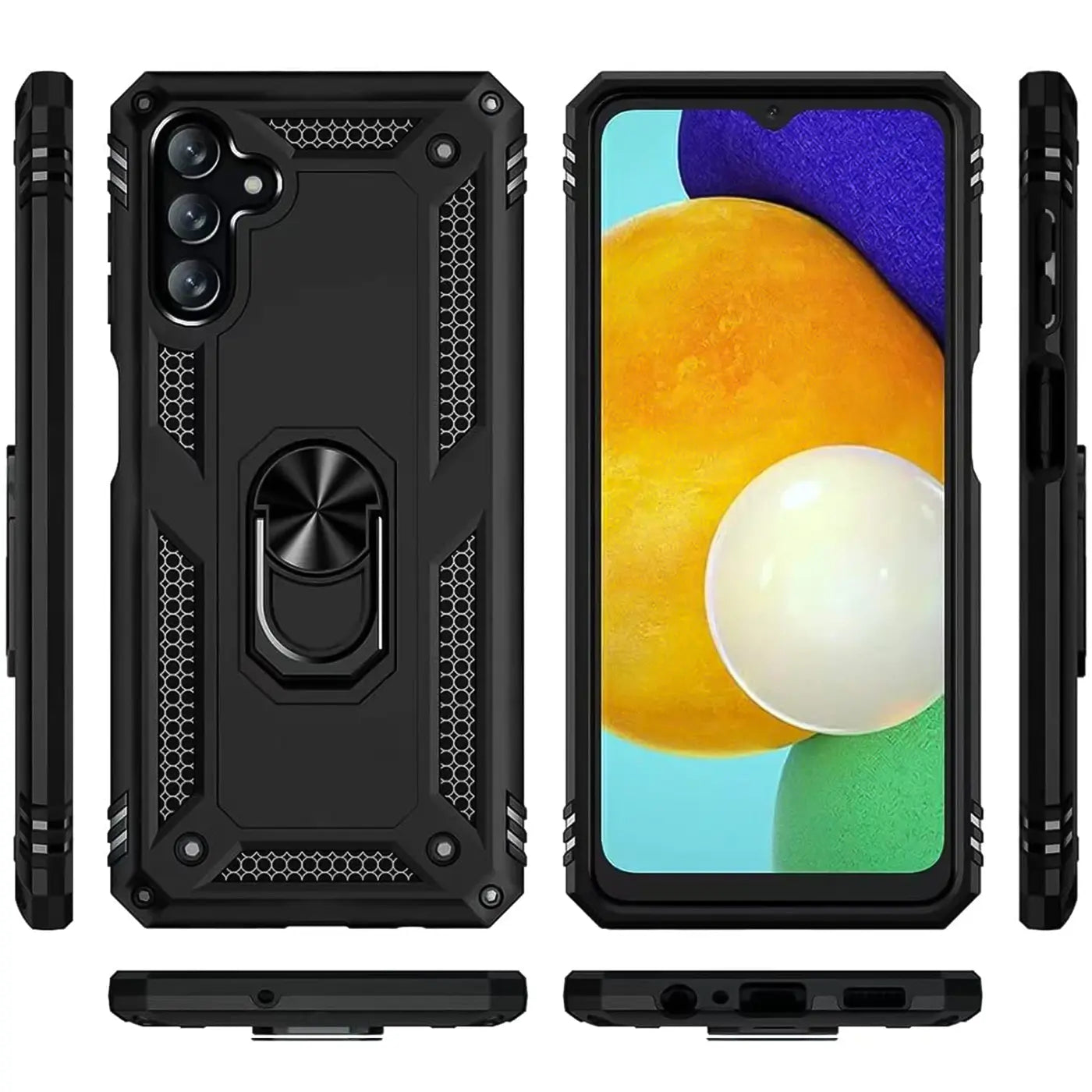 Schwarze Militär-Hülle aus Kunststoff mit Ringhalter für Samsung Galaxy A14 4G/5G, verschiedene Ansichten.