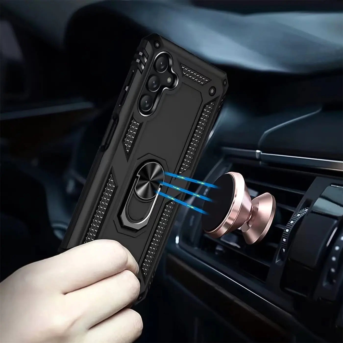 Schwarze Handyhülle mit Ringhalter, Nahaufnahme, Samsung Galaxy A14 4G/5G.