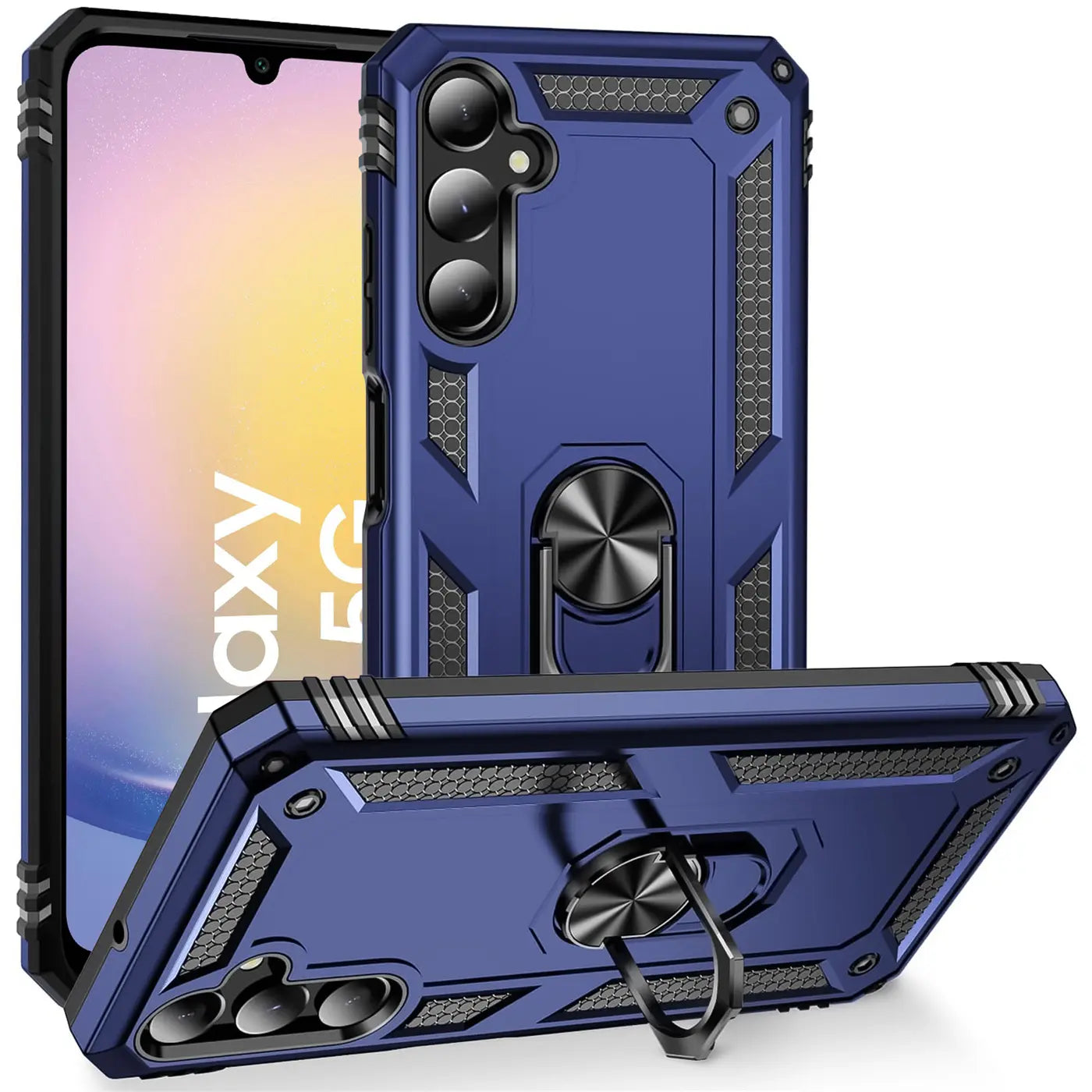 Blaue Hülle aus Kunststoff mit Ringhalter für Samsung Galaxy A15 4G/5G, von vorne und schräg.