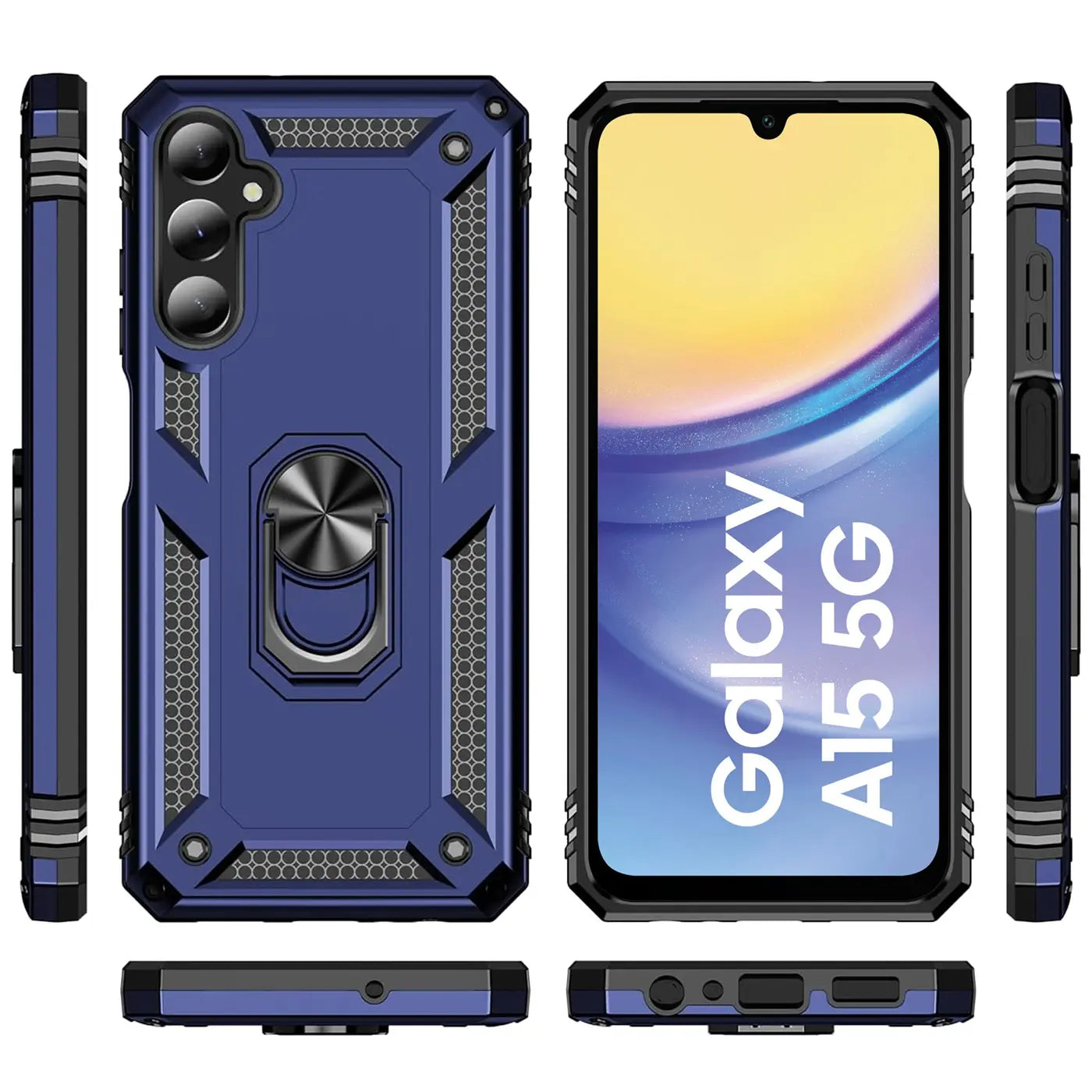 Blaue Hülle mit Ringhalter für Samsung Galaxy A15 5G, verschiedene Ansichten