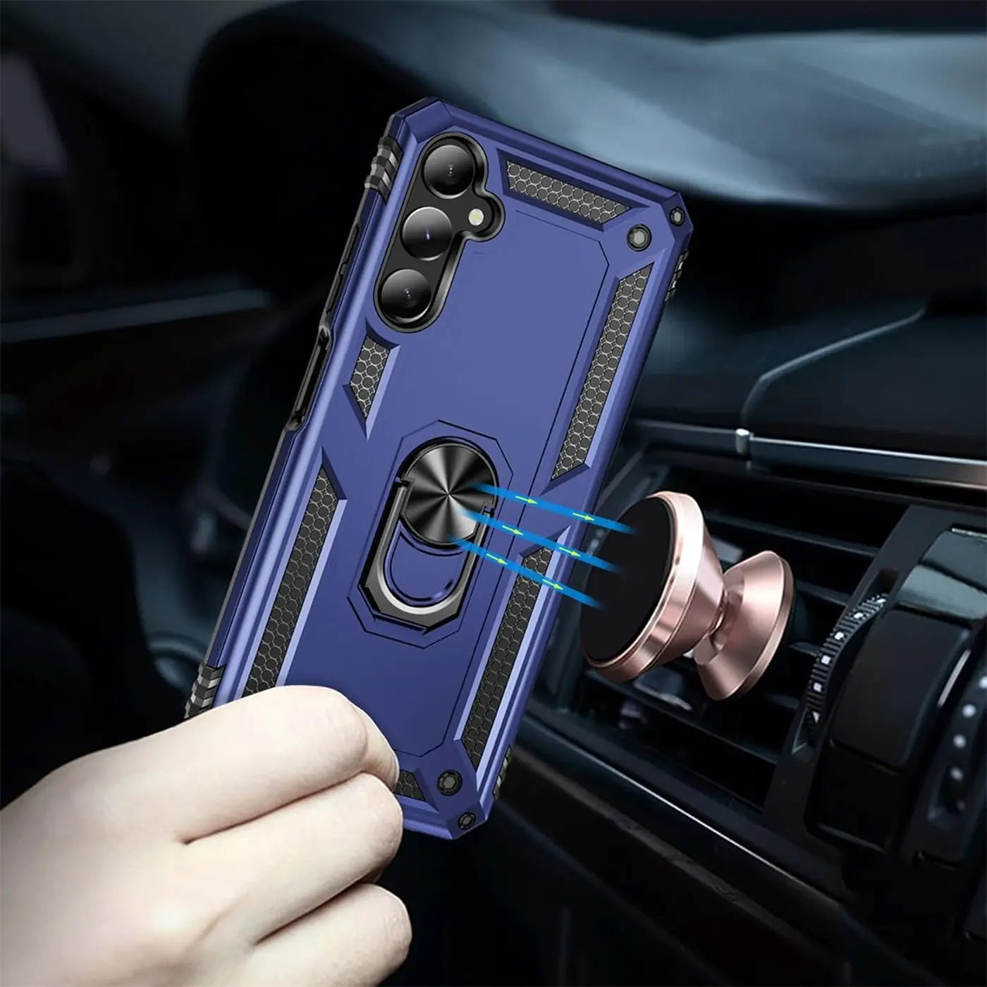 Blaue Hülle mit Ringhalter für Samsung Galaxy A15 4G/5G, Nahaufnahme, Auto-Halterung