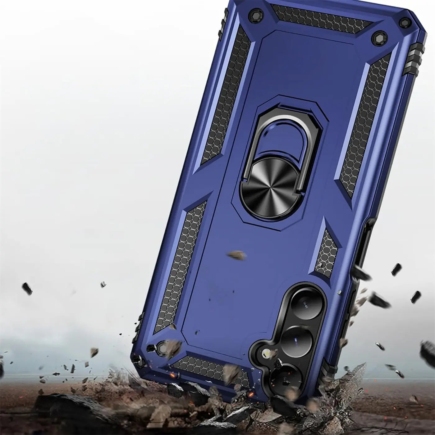 Blaue Hülle mit Ringhalter für Samsung Galaxy A15, aus Kunststoff, von vorne schräg.