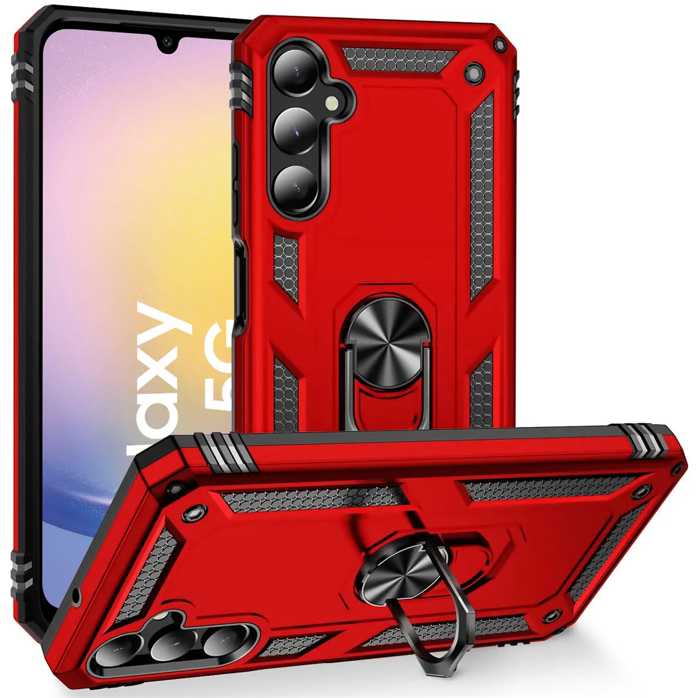 Rote Military Hülle mit Ringhalter für Samsung Galaxy A15 4G/5G, von vorne/oben.