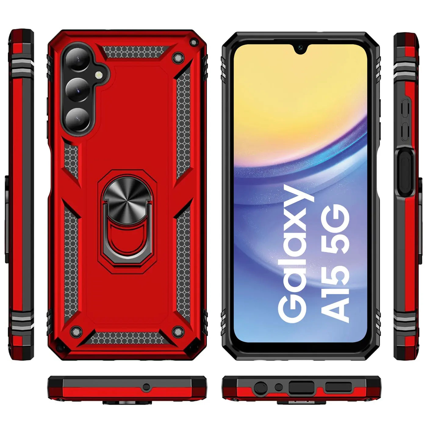 Rote Hülle mit Ringhalter, Vorder- und Rückansicht, Samsung Galaxy A15 5G.