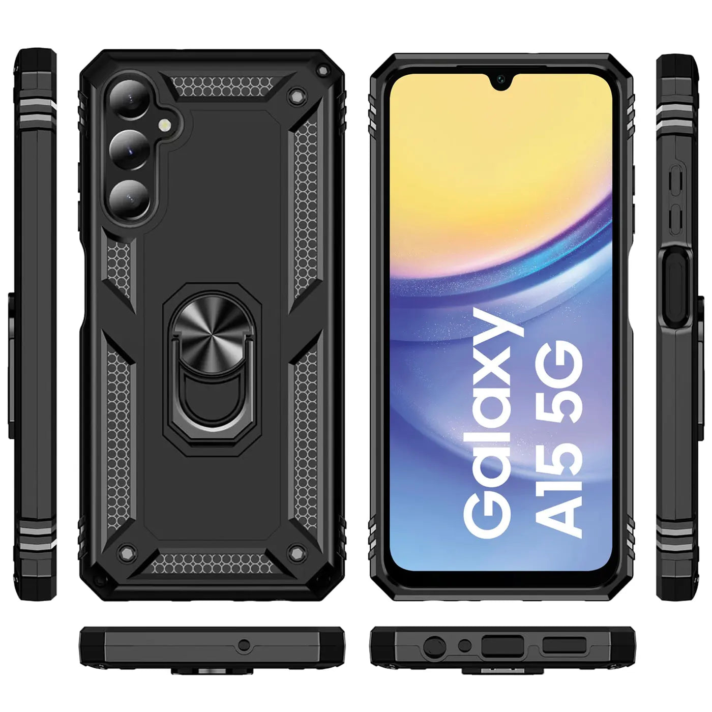 Schwarze Militär-Hülle mit Ringhalter für Samsung Galaxy A15 5G, Vorder- und Rückansicht