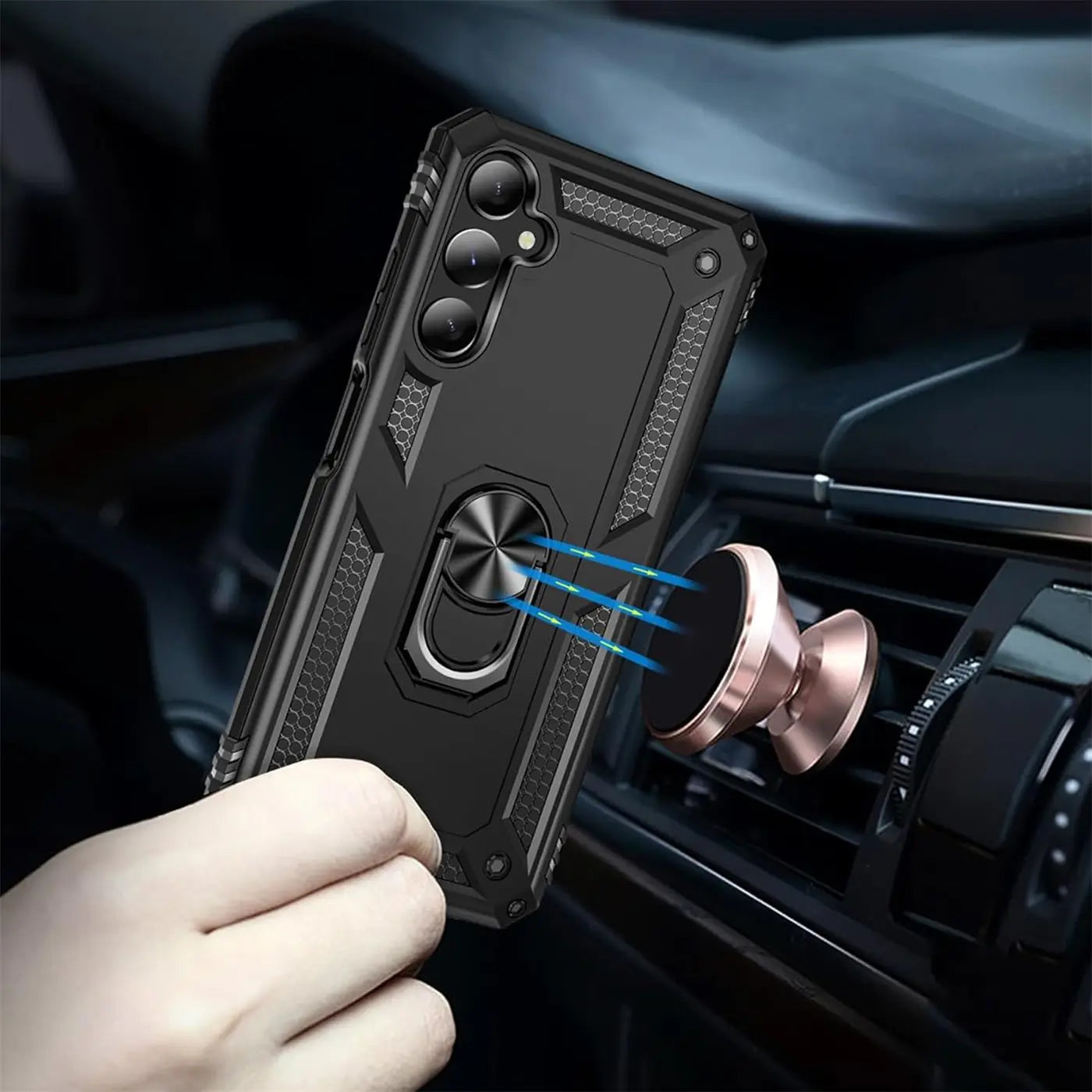 Schwarze Hülle mit Ringhalter für Samsung Galaxy A15, magnetisch, im Auto