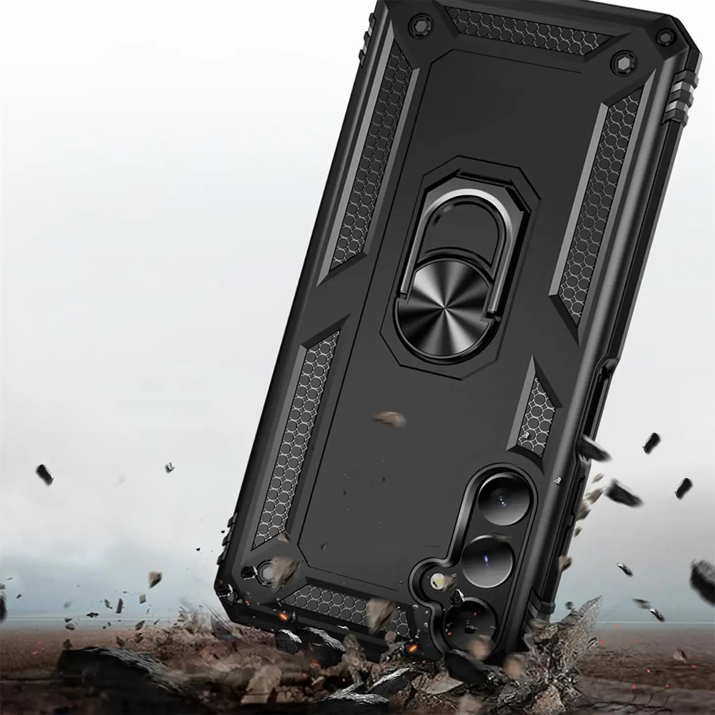 Schwarze Militärhülle aus Kunststoff mit Ringhalter für Samsung Galaxy A15, von schräg oben.