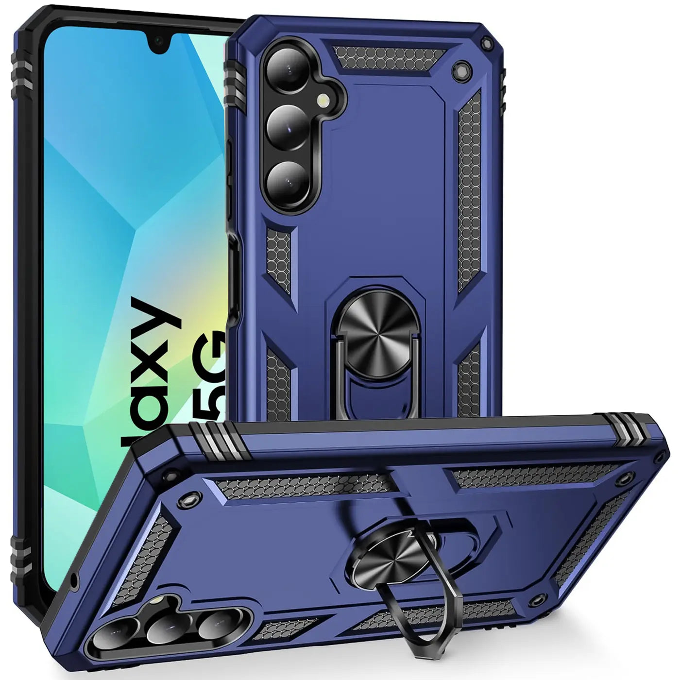 Blaue Hülle mit Ringhalter für Samsung Galaxy A16 5G, von vorne/oben, Kunststoff.