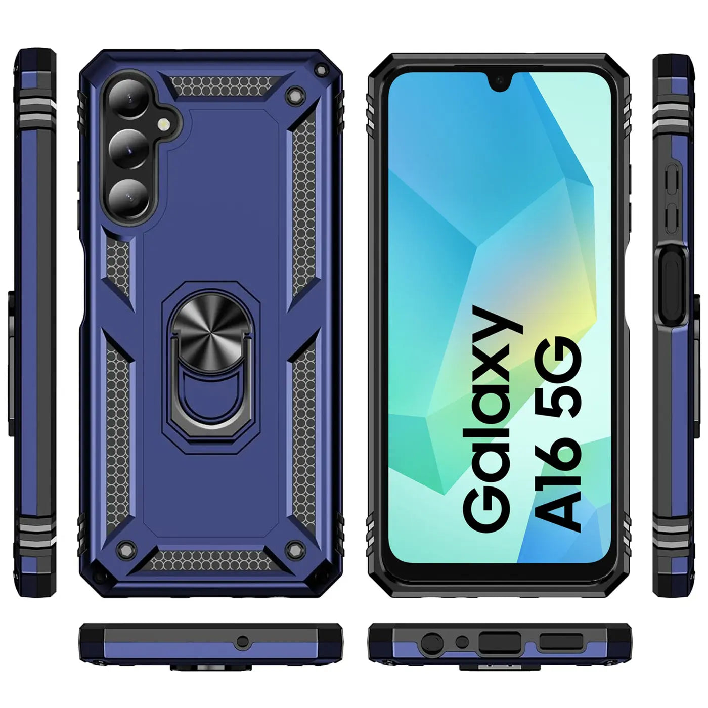 Blaue Hülle mit Ringhalter, vorne und seitlich, für Samsung Galaxy A16 5G.