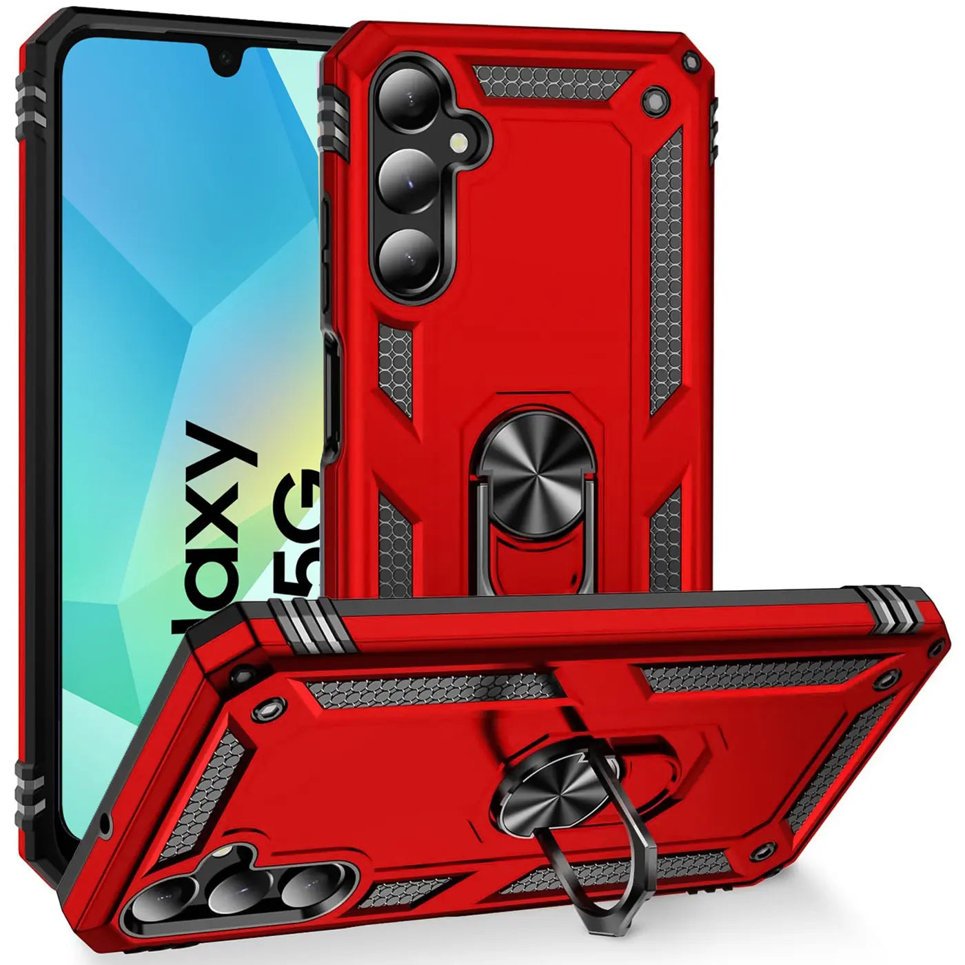Rote Hülle mit Ringhalter für Samsung Galaxy A16 5G, von vorne und von unten gezeigt.