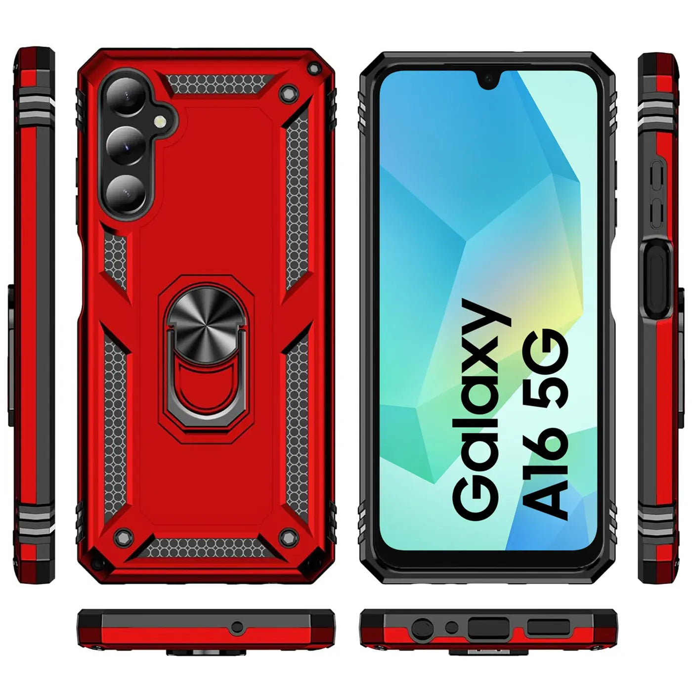 Rote Military Hülle mit Ringhalter für Samsung Galaxy A16 5G, verschiedene Ansichten