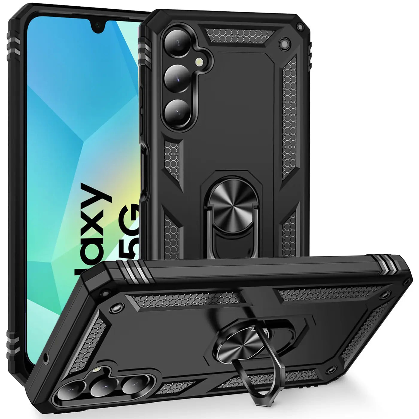 Schwarze Militärhülle aus Kunststoff mit Ringhalter für Samsung Galaxy A16 5G, von vorne/oben.