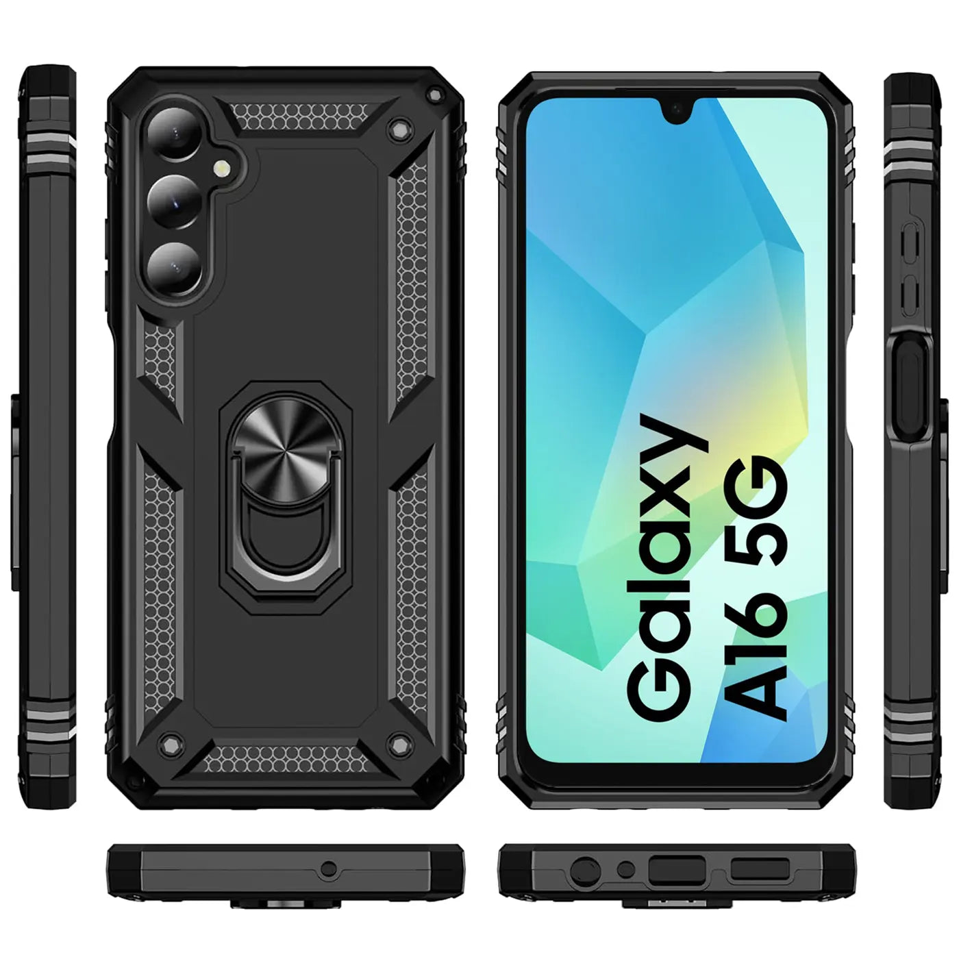 Schwarze Military Hülle aus Kunststoff mit Ringhalter für Samsung Galaxy A16 5G. Mehrere Ansichten.