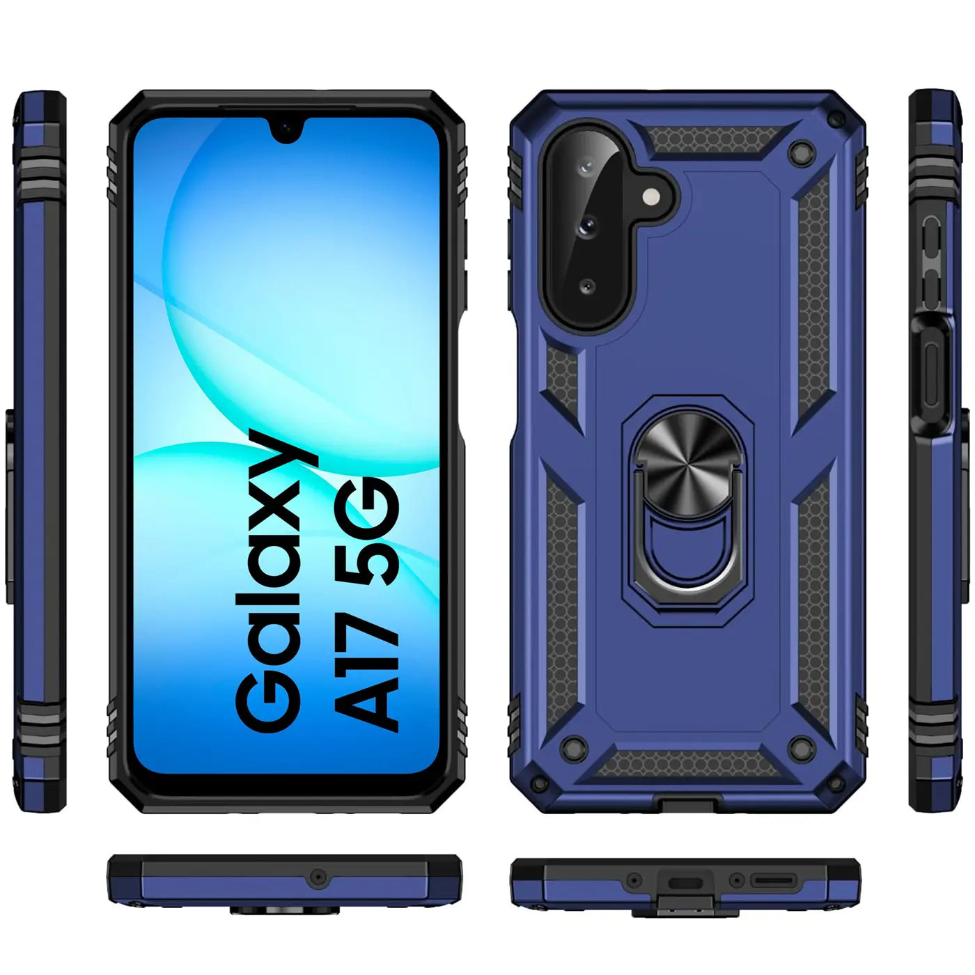 Blaue Military Hülle mit Ringhalter für Samsung Galaxy A17 5G, verschiedene Ansichten.
