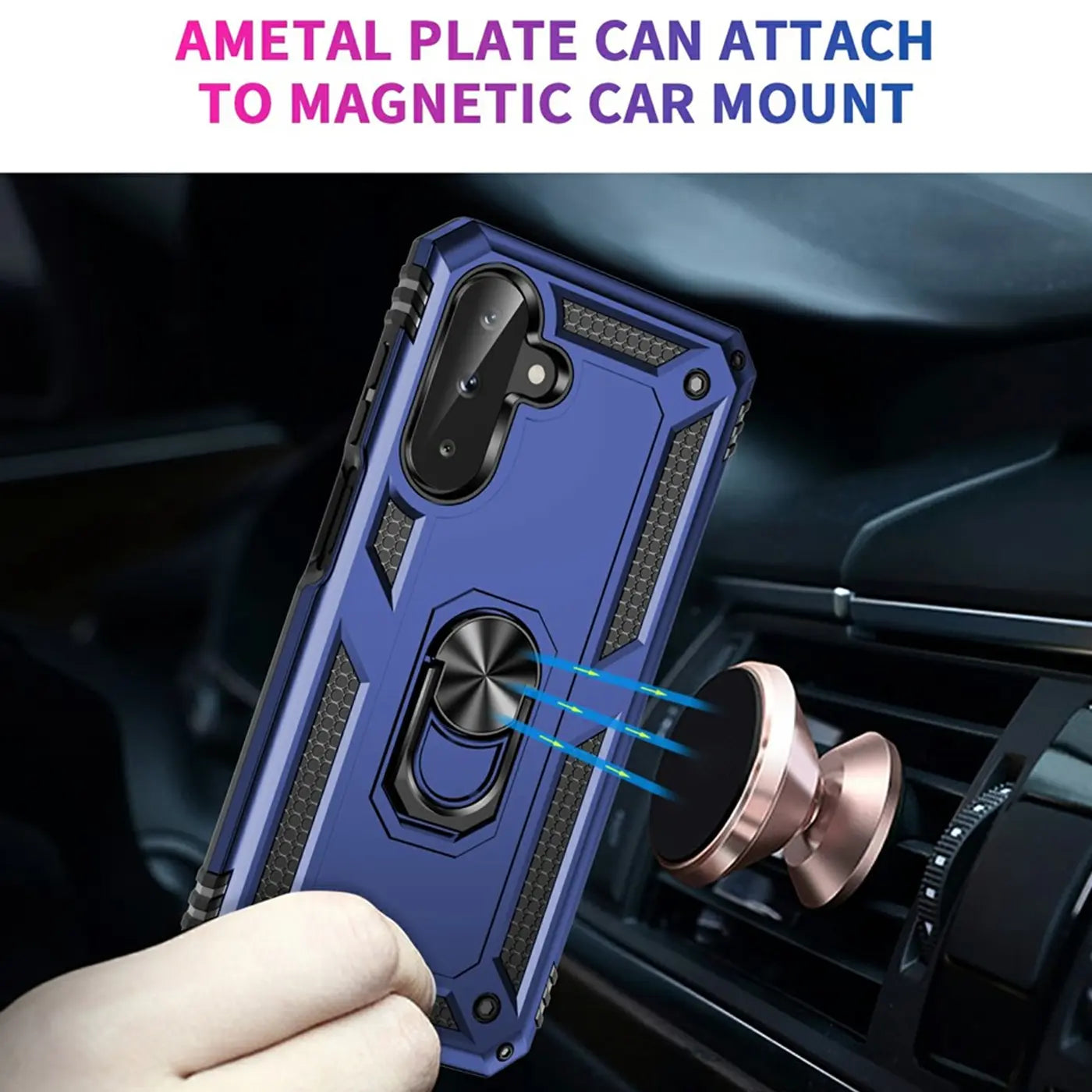 Blaue Hülle mit Ringhalter für Samsung A17 5G, Nahaufnahme, auf Auto-Lüftungsgitter montiert.