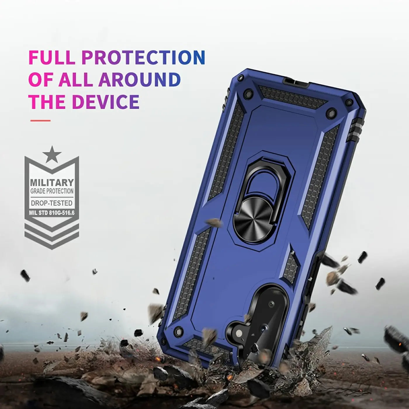 Blaue Hülle mit Ringhalter für Samsung Galaxy A17 5G, von schräg oben