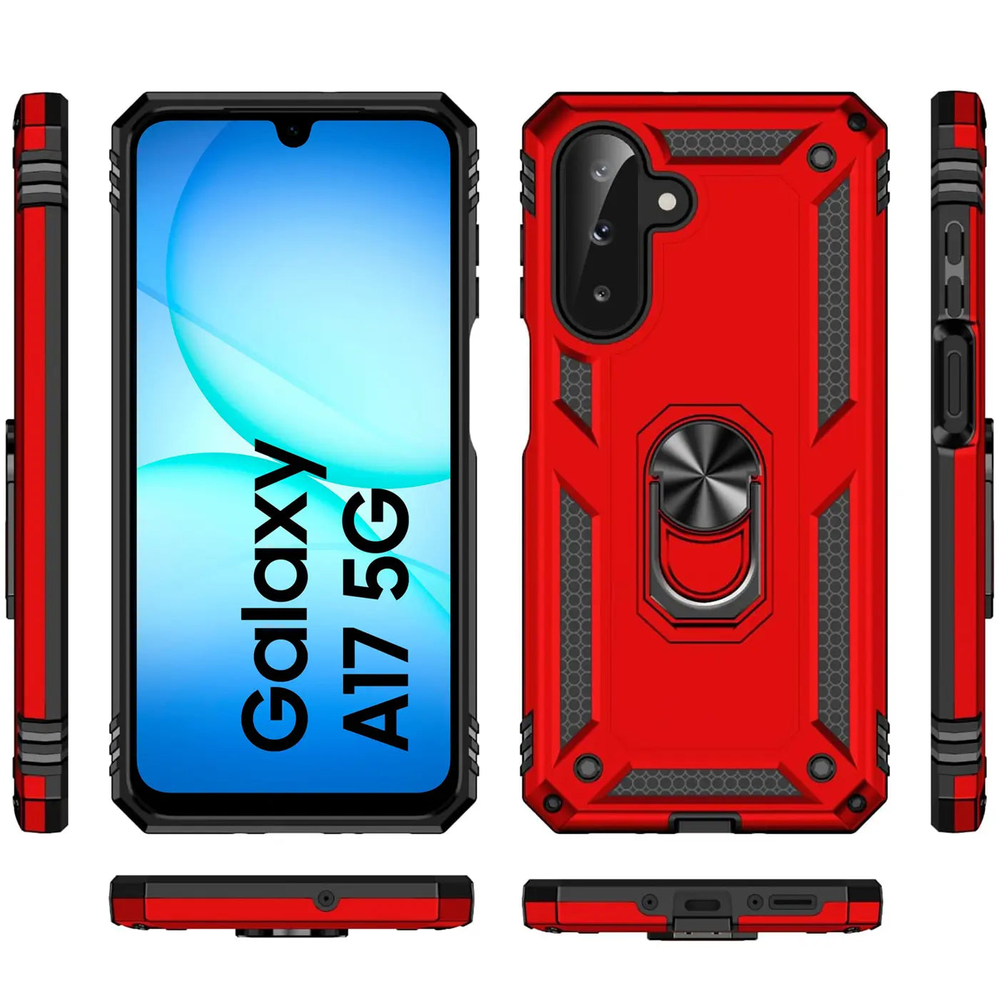 Rote Hülle mit Ringhalter für Samsung Galaxy A17 5G, verschiedene Ansichten.