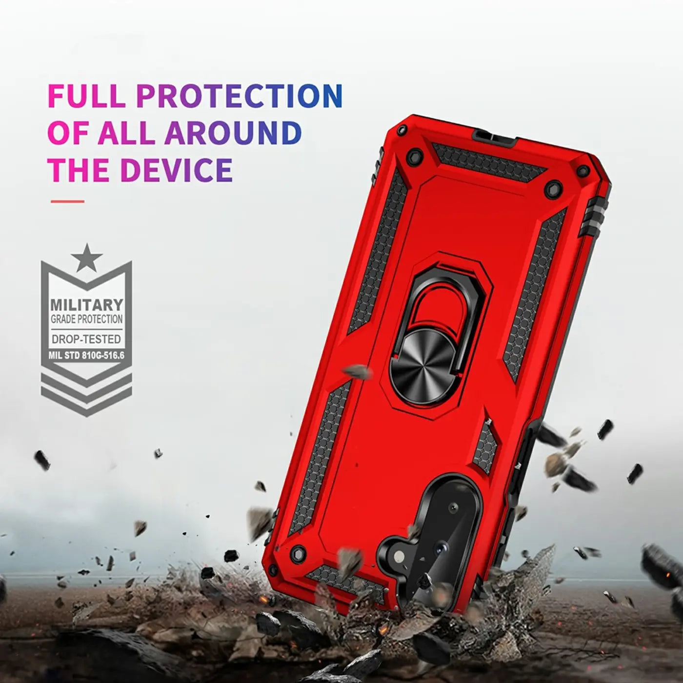 Rote Military Hülle mit Ringhalter für Samsung Galaxy A17 5G, von schräg oben.