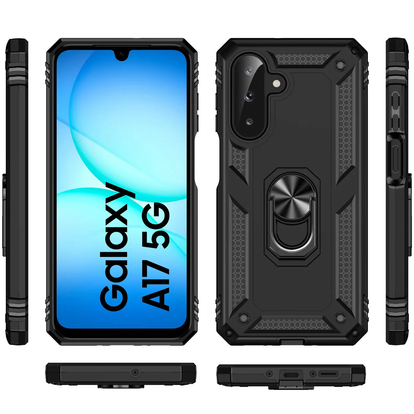 Schwarze Hülle aus Kunststoff mit Ringhalter für Samsung Galaxy A17 5G, verschiedene Ansichten.