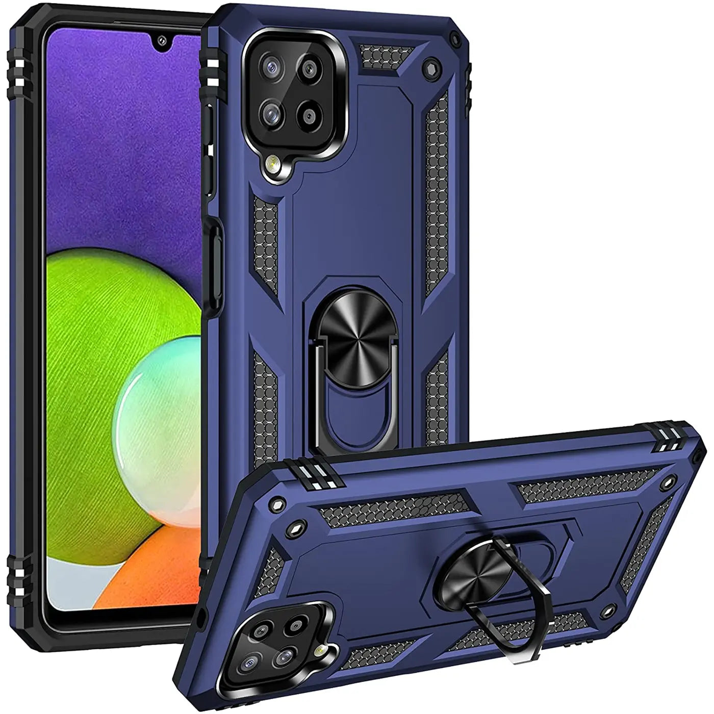 Blaue Hülle mit Ringhalter für Samsung A22 4G/M32/M22, von vorne und schräg