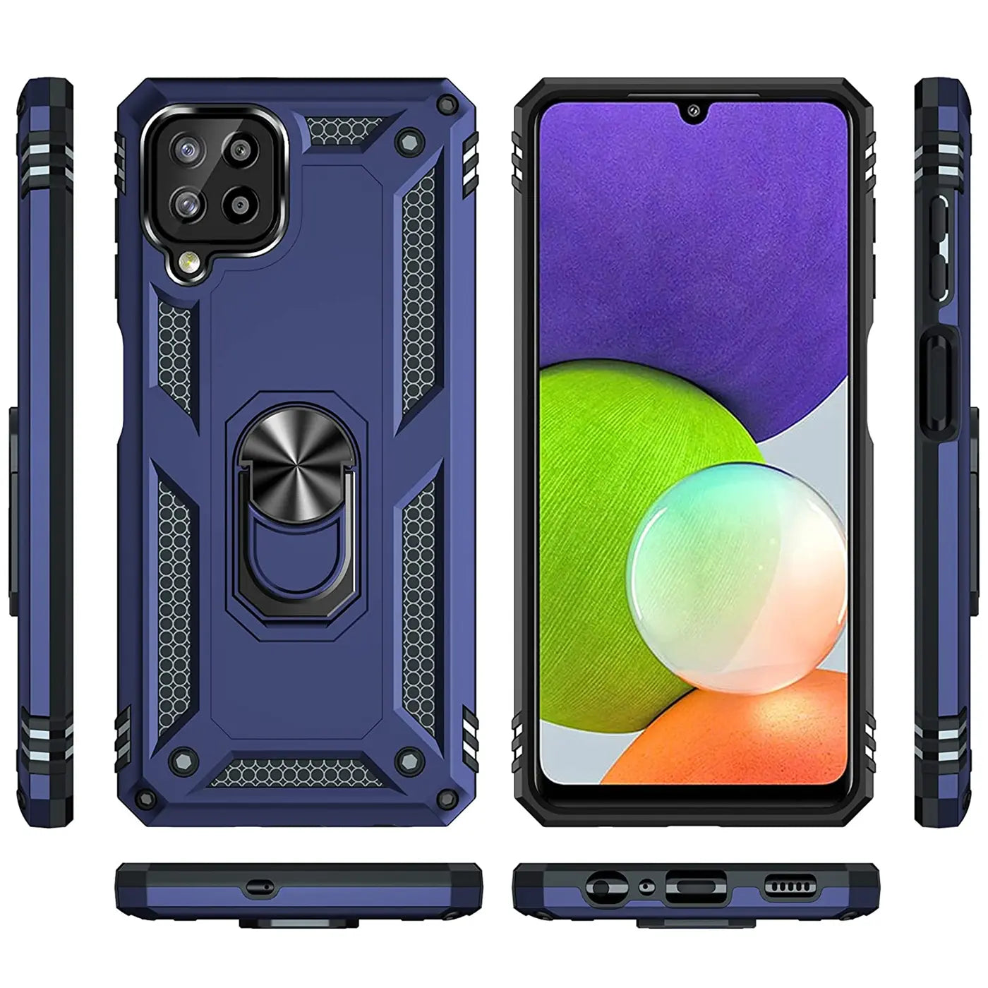 Dunkelblaue Hülle mit Ringhalter, Rückansicht, Vorderansicht Samsung Galaxy A22 4G