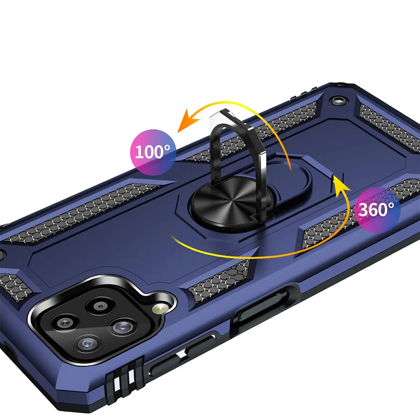 Dunkelblaue Militärhülle mit Ringhalter für Samsung A22 4G/M32/M22, Rückansicht.