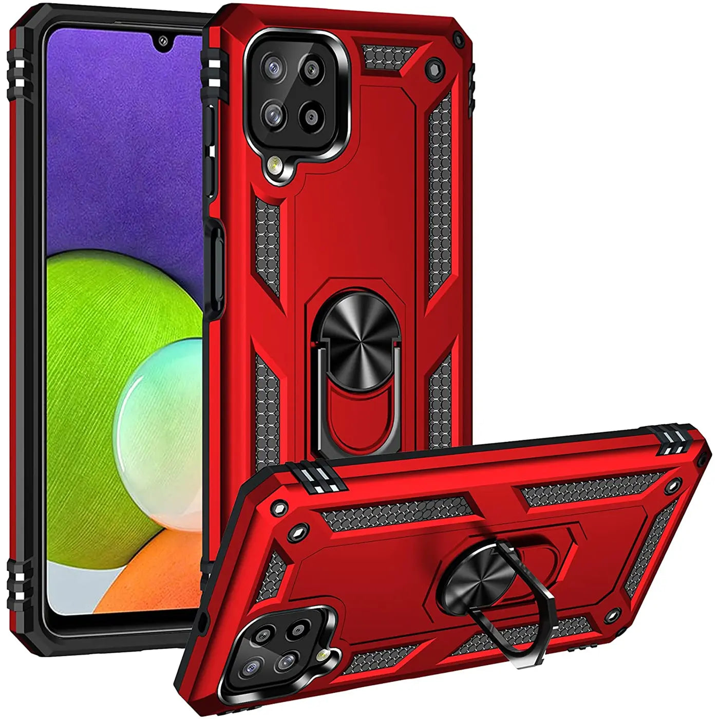 Rote Military Hülle mit Ringhalter für Samsung Galaxy A22 4G/M32/M22, Vorder- und Rückansicht.