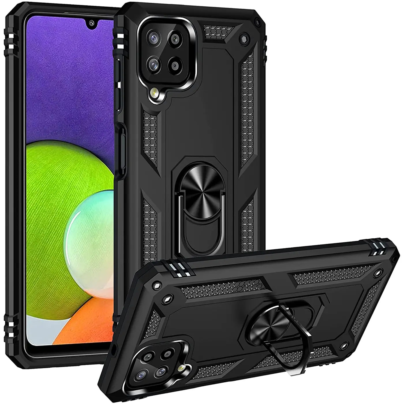 Schwarze Militär-Handyhülle aus Kunststoff mit Ringhalter für Samsung A22 4G/M32/M22.