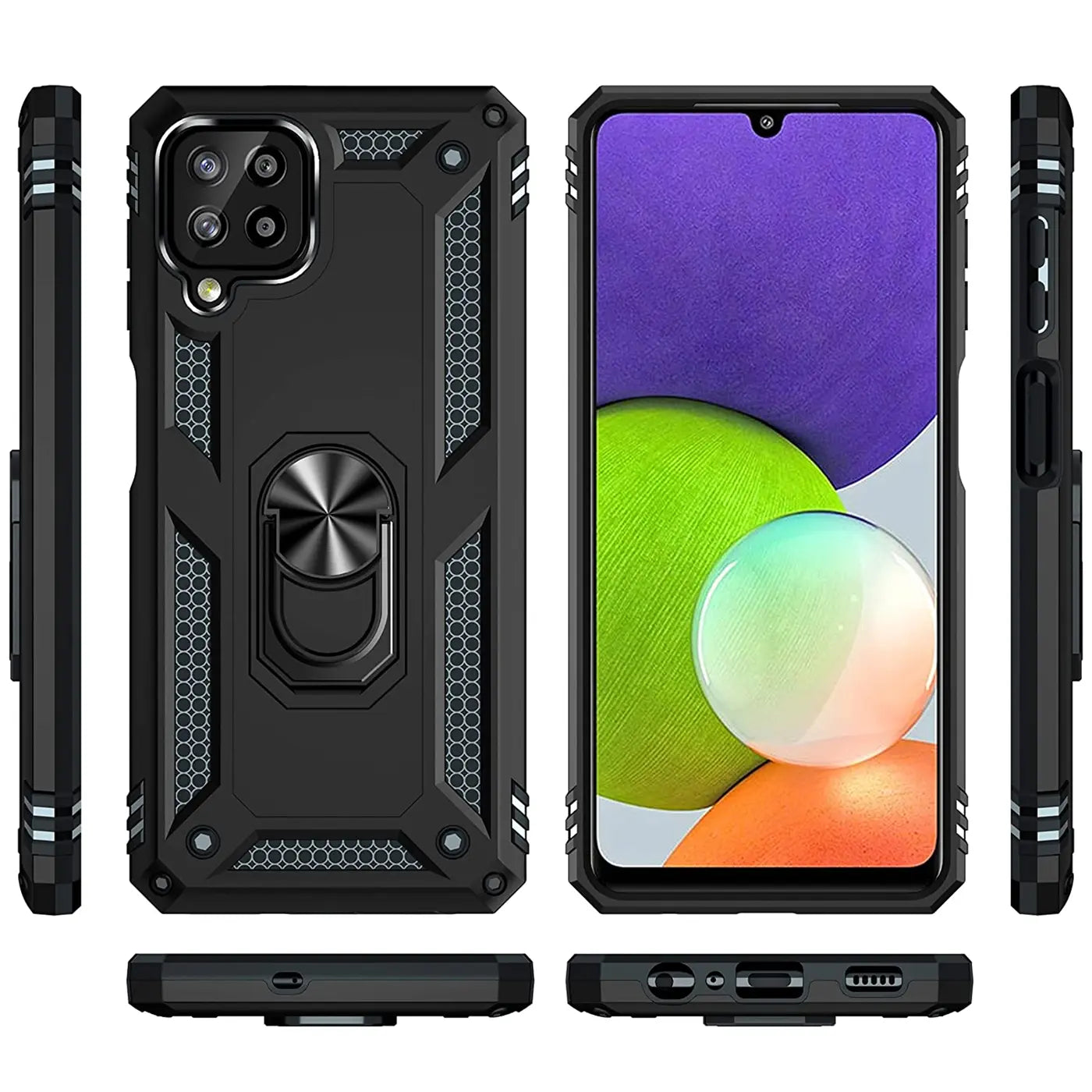 Schwarze Handyhülle aus Kunststoff mit Ringhalter, Vorder- und Rückansicht, erkennbares Samsung Galaxy A22 4G.