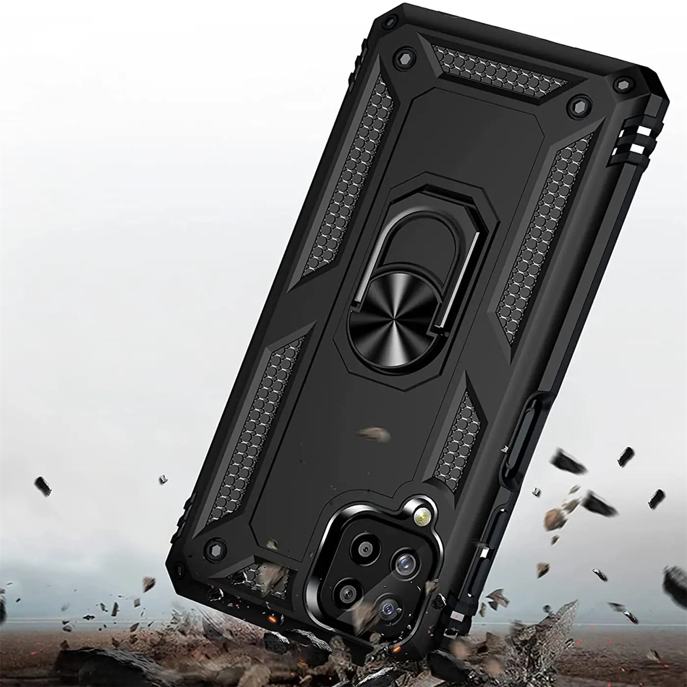 Schwarze Militär-Hülle mit Ringhalter für Samsung Galaxy A22 4G/M32/M22, Rückansicht.