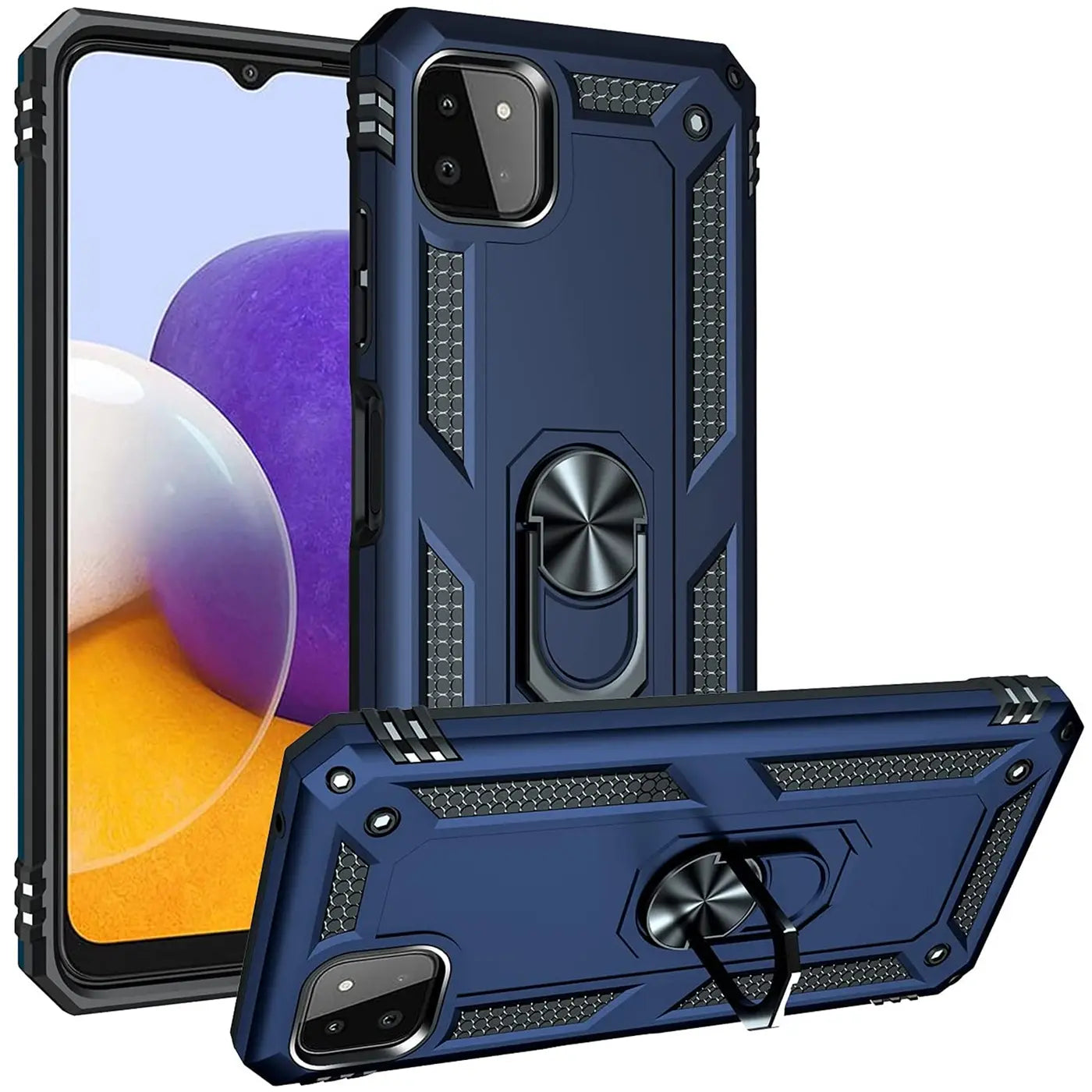 Dunkelblaue Hülle, Kunststoff, mit Ringhalter, Samsung Galaxy A22 5G.