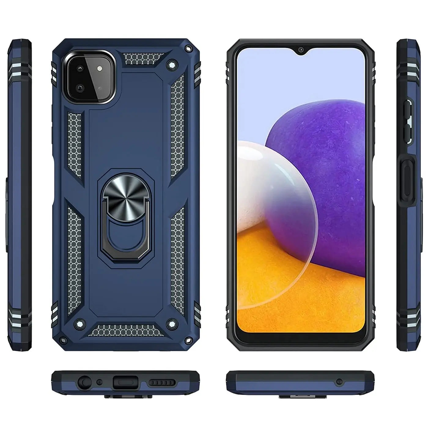 Dunkelblaue Hülle mit Ringhalter für Samsung Galaxy A22 5G, von vorne, Seite, Rückseite.
