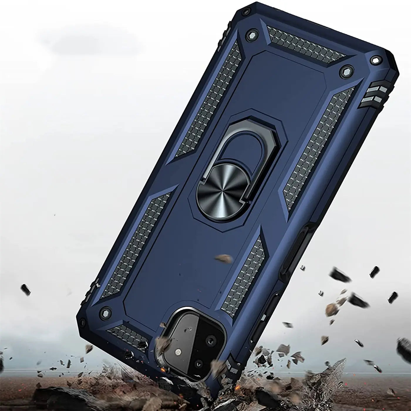 Dunkelblaue Hülle mit Ringhalter, Materialmix, von hinten, Samsung Galaxy A22 5G.