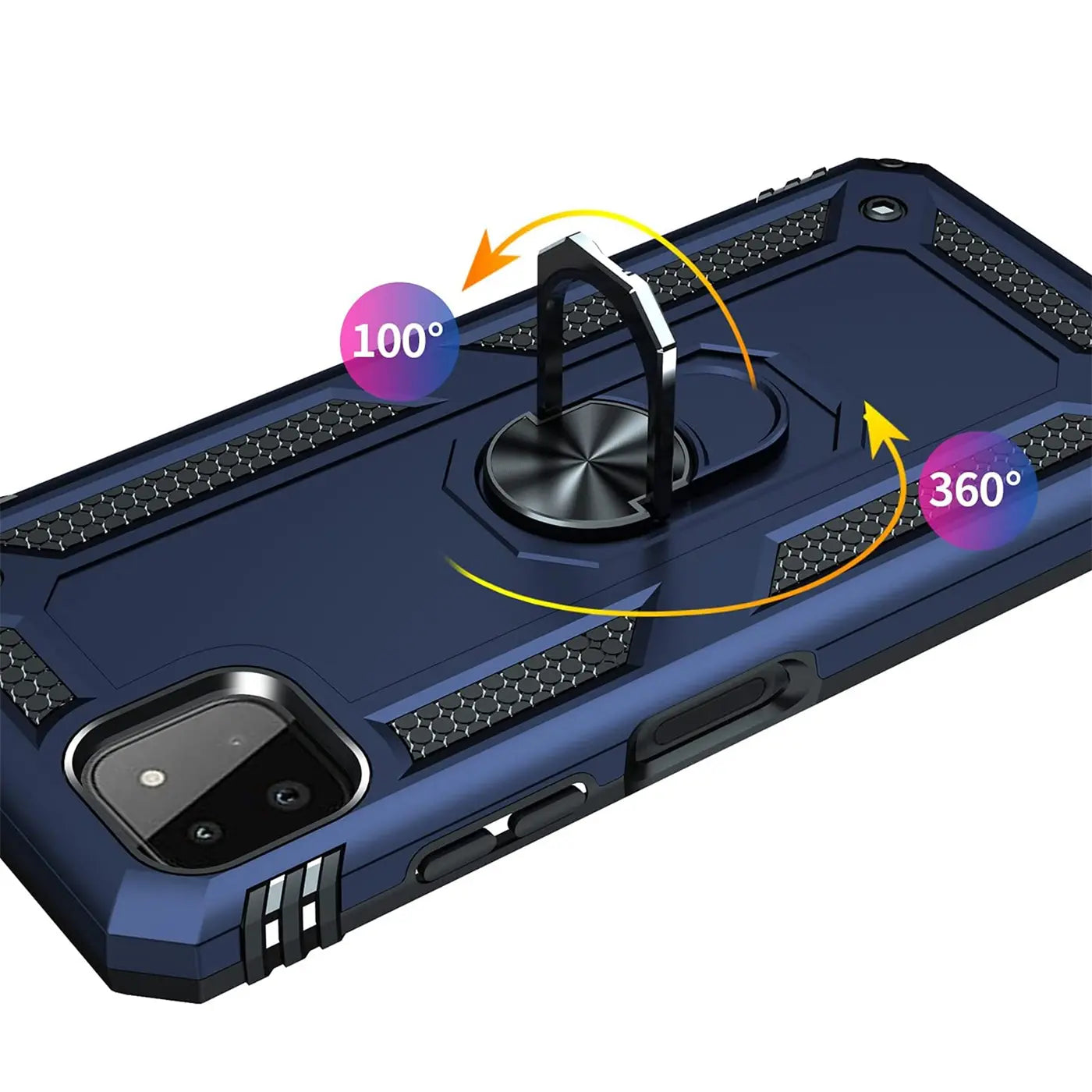 Dunkelblaue Hülle aus Kunststoff mit Ringhalter für Samsung Galaxy A22 5G, Rückansicht