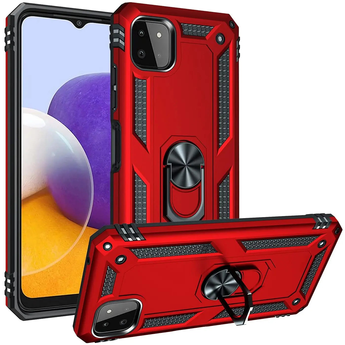Rote Military-Hülle aus Kunststoff mit Ringhalter für Samsung Galaxy A22 5G, Vorder- und Rückansicht.