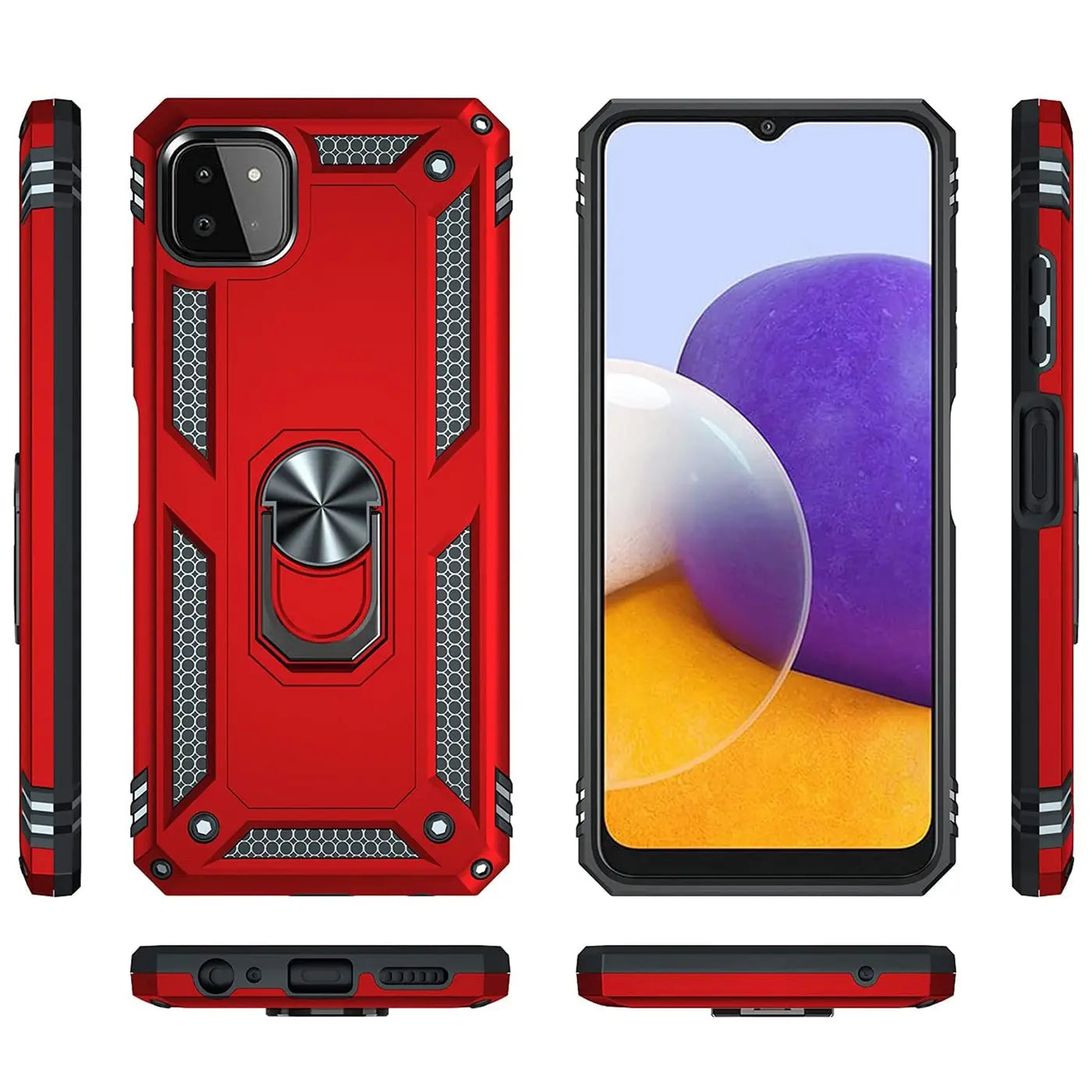 Rote Hülle mit Ringhalter für Samsung Galaxy A22 5G, Rückansicht und Vorderansicht.