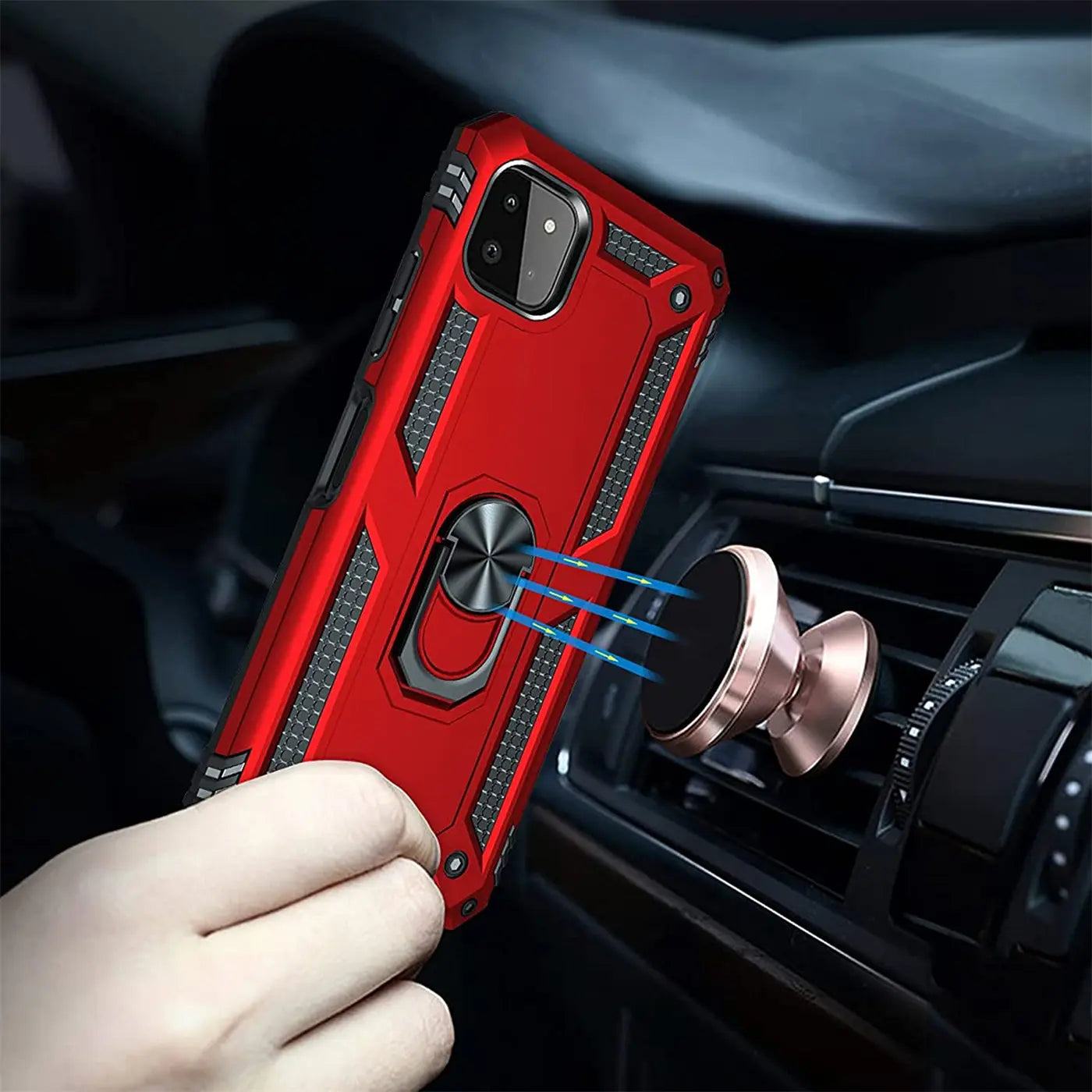 Rote Military Hülle mit Ringhalter für Samsung Galaxy A22 5G, von vorne, im Auto