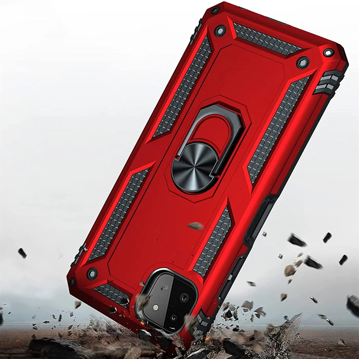 Rote Military Hülle mit Ringhalter für Samsung Galaxy A22 5G, von schräg oben