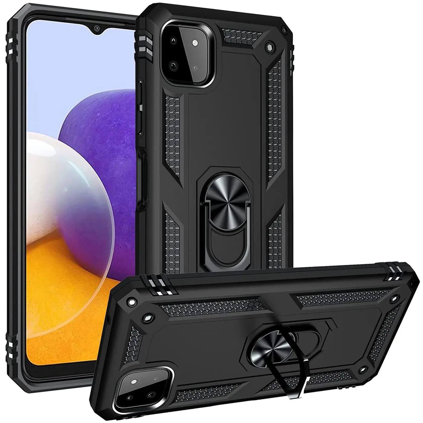 Schwarze Militärhülle aus Kunststoff mit Ringhalter für Samsung Galaxy A22 5G, Vorder- und Rückansicht.