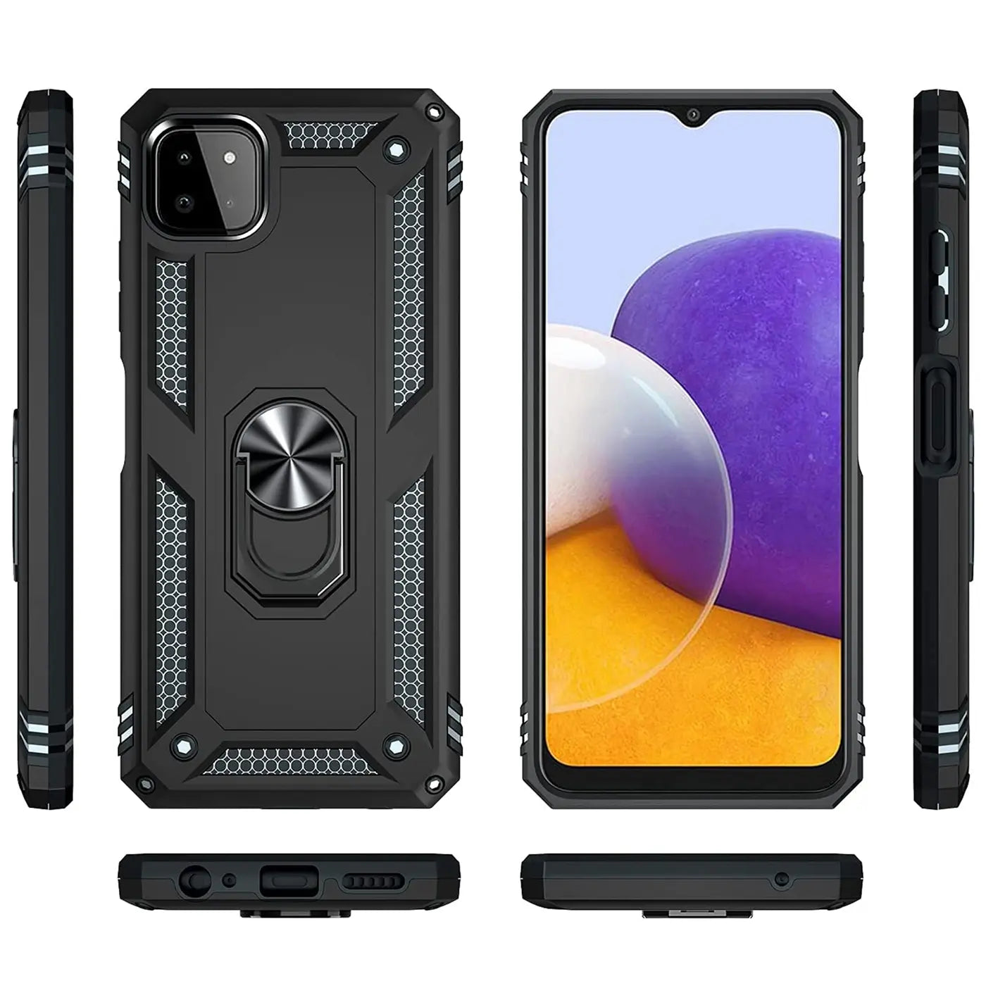 Schwarze Hülle mit Ringhalter für Samsung Galaxy A22 5G, verschiedene Ansichten.