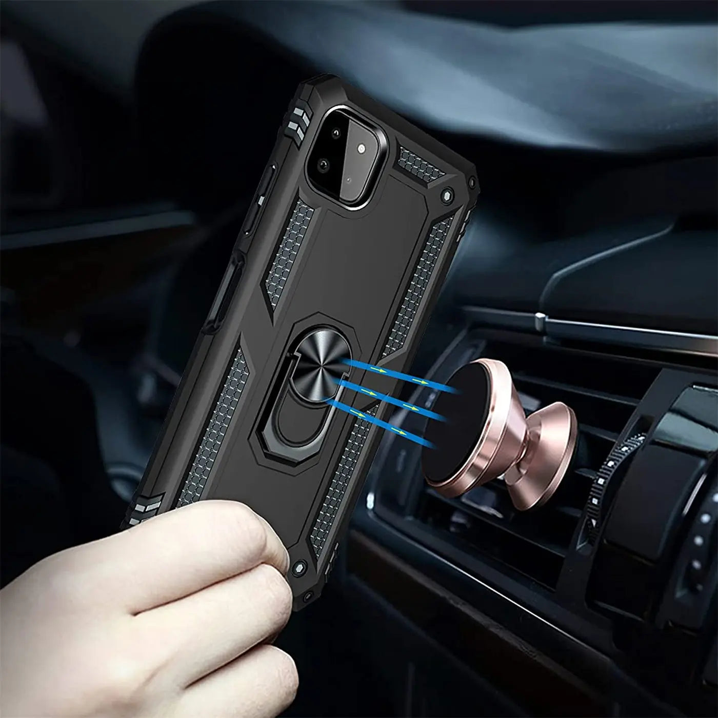 Schwarze Hülle mit Ringhalter, Materialmix, Nahaufnahme, Samsung Galaxy A22 5G