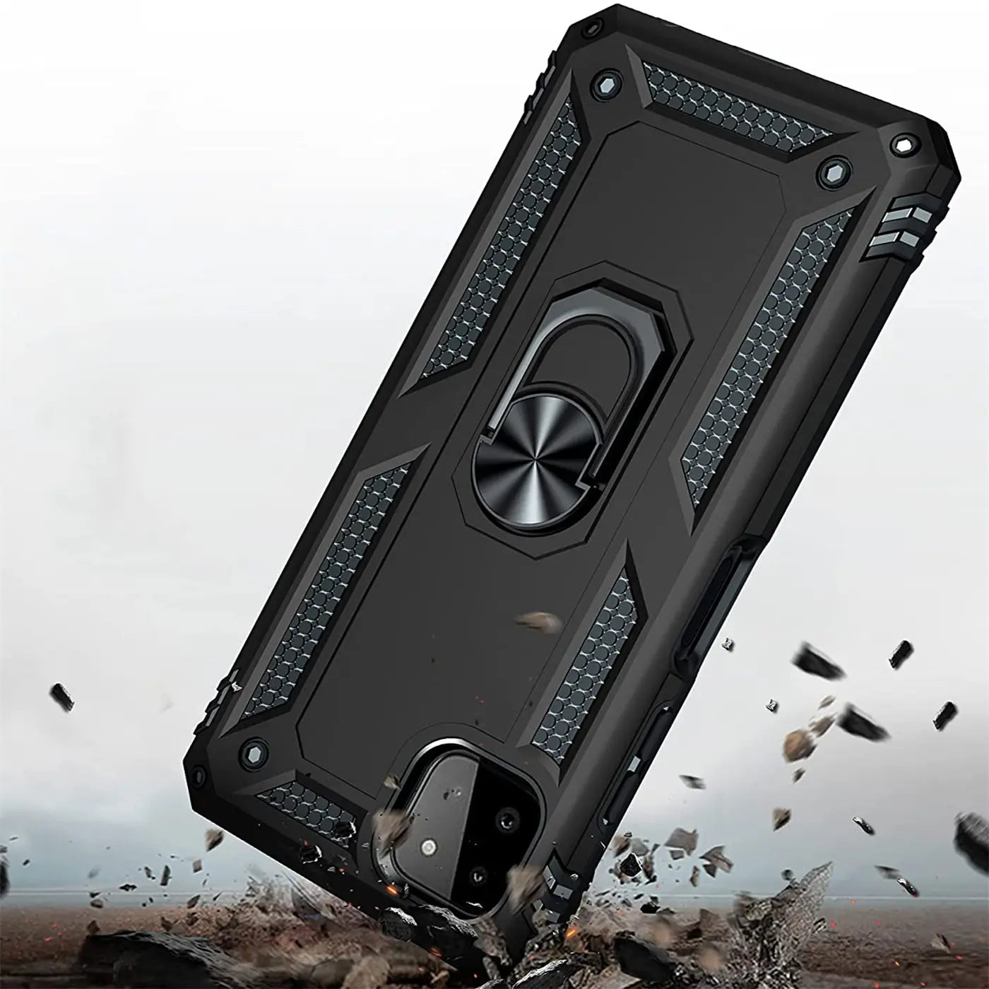 Schwarze Military Hülle mit Ringhalter für Samsung Galaxy A22 5G, von oben schräg fotografiert.