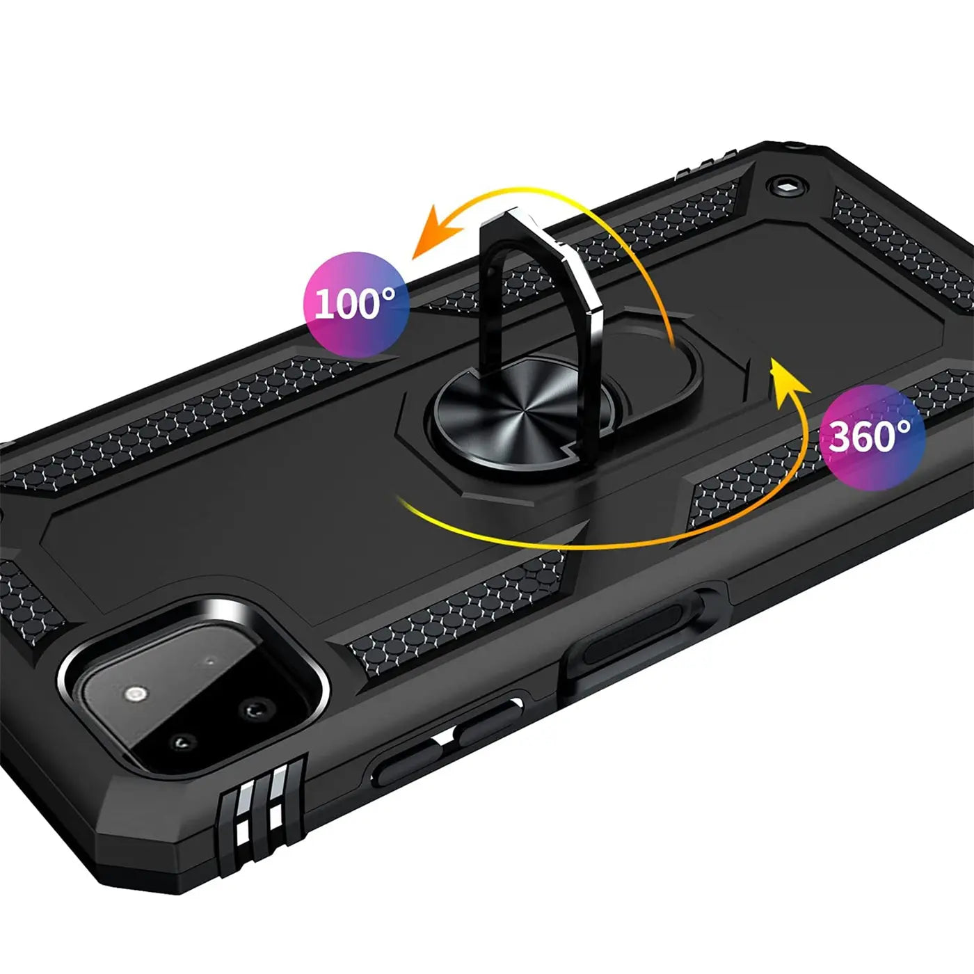 Schwarze Military Hülle mit Ringhalter für Samsung Galaxy A22 5G, von schräg oben