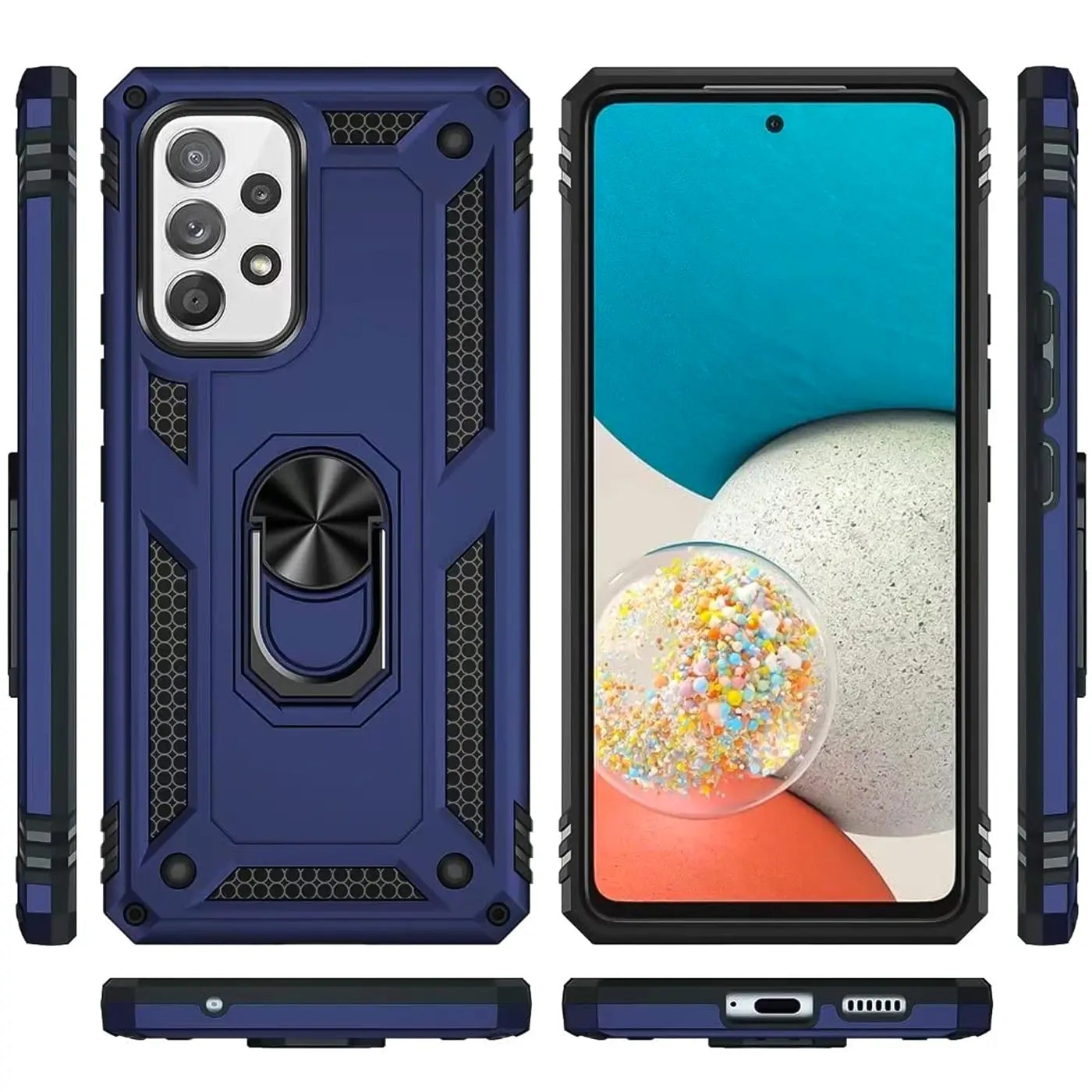 Dunkelblaue Hülle aus Kunststoff mit Ringhalter für Samsung Galaxy A23 5G, verschiedene Ansichten.